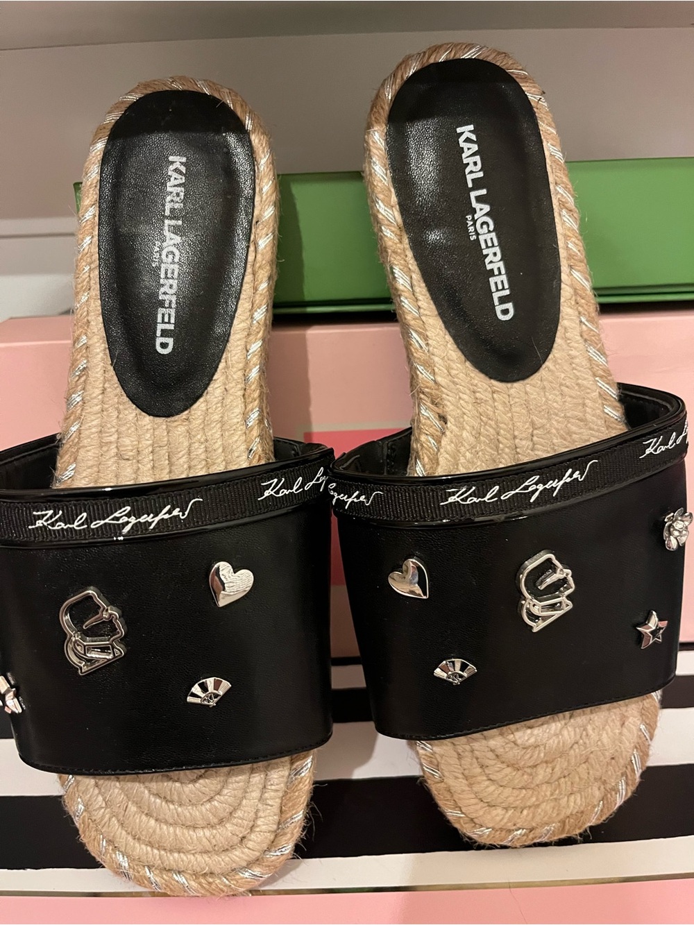 Karl Lagerfeld Black Embellished Rope-Trim Slide Mules